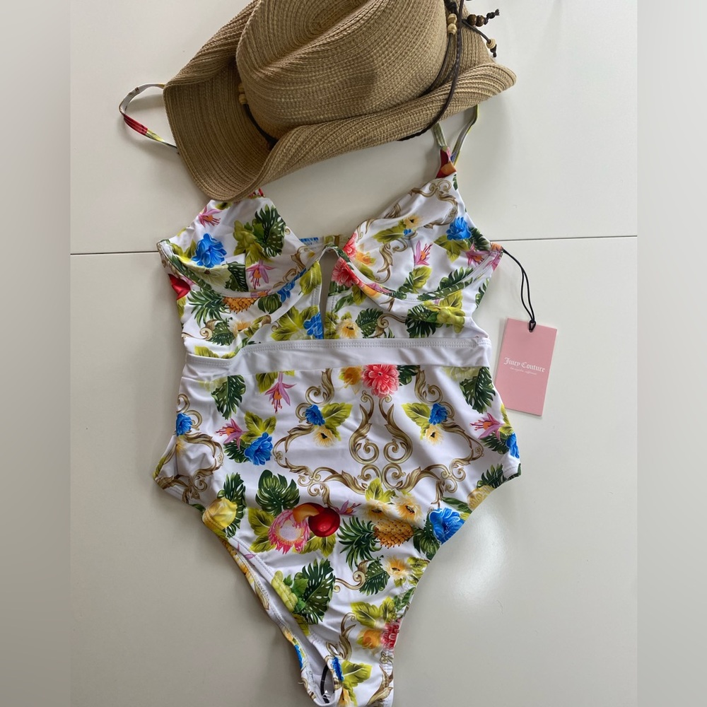NWT Juicy Couture White Floral Cutout One Piece Swimsuit - Multicolor